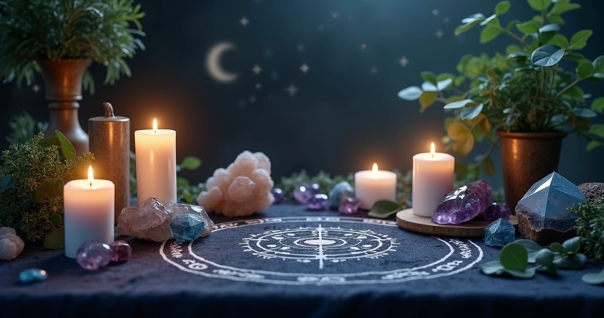 Mesa com altar esotérico para ritual de lua nova com velas acesas, cristais, folhas e símbolos místicos