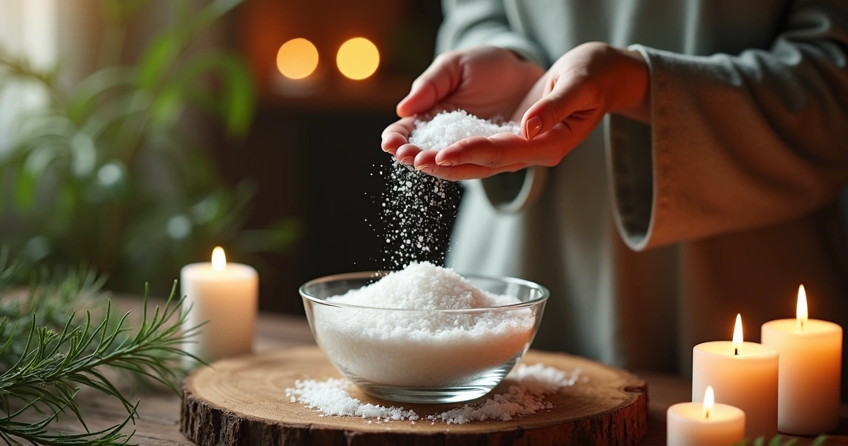 Pote de sal grosso com mãos segurando grãos de sal sobre um fundo de mesa de madeira com velas acesas e plantas verdes ao redor