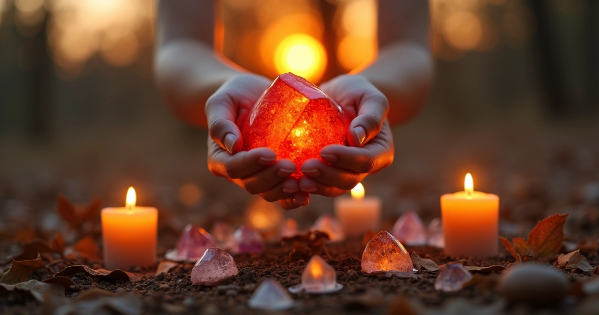 Mãos femininas segurando uma pedra vermelha ao pôr do sol durante ritual de renovação no solstício