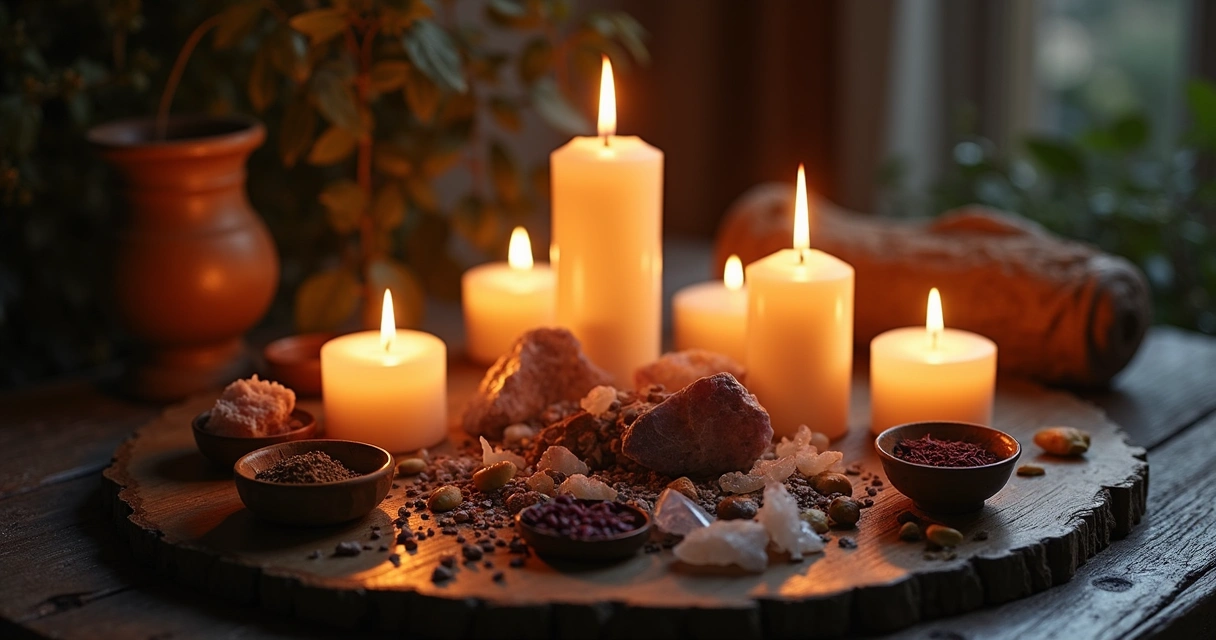 Velas acesas em altar simples com cristais e folhas secas ao redor, ambiente iluminado pela chama quente