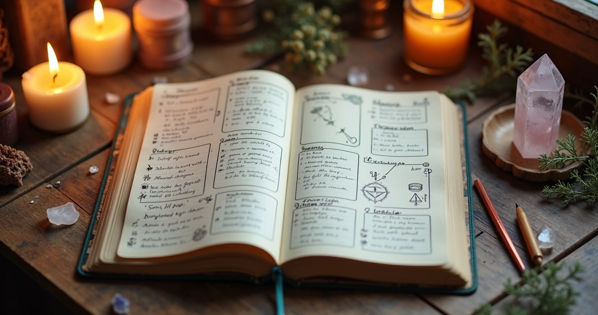 Agenda semanal aberta com símbolos esotéricos, velas acesas e cristais ao redor em mesa de madeira clara