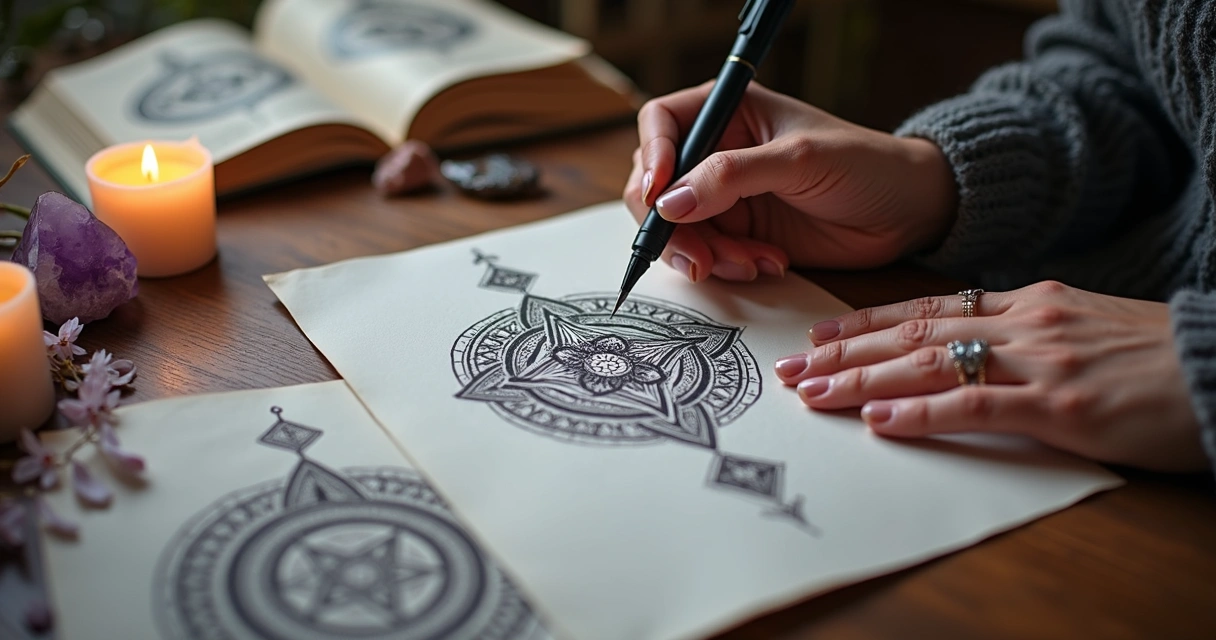 Mesa com sigilos desenhados em papel, velas acesas ao redor e mãos femininas desenhando um símbolo místico