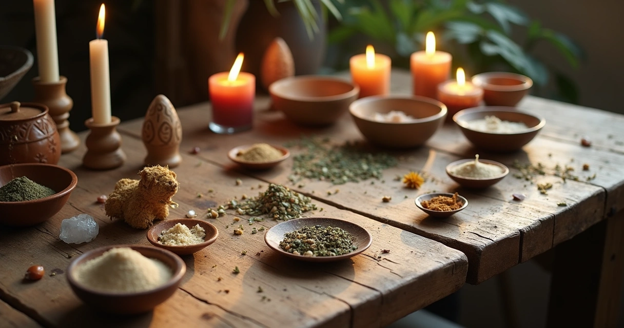 Mesa com elementos para simpatias sendo mexidos de forma desorganizada, velas apagadas e ingredientes espalhados
