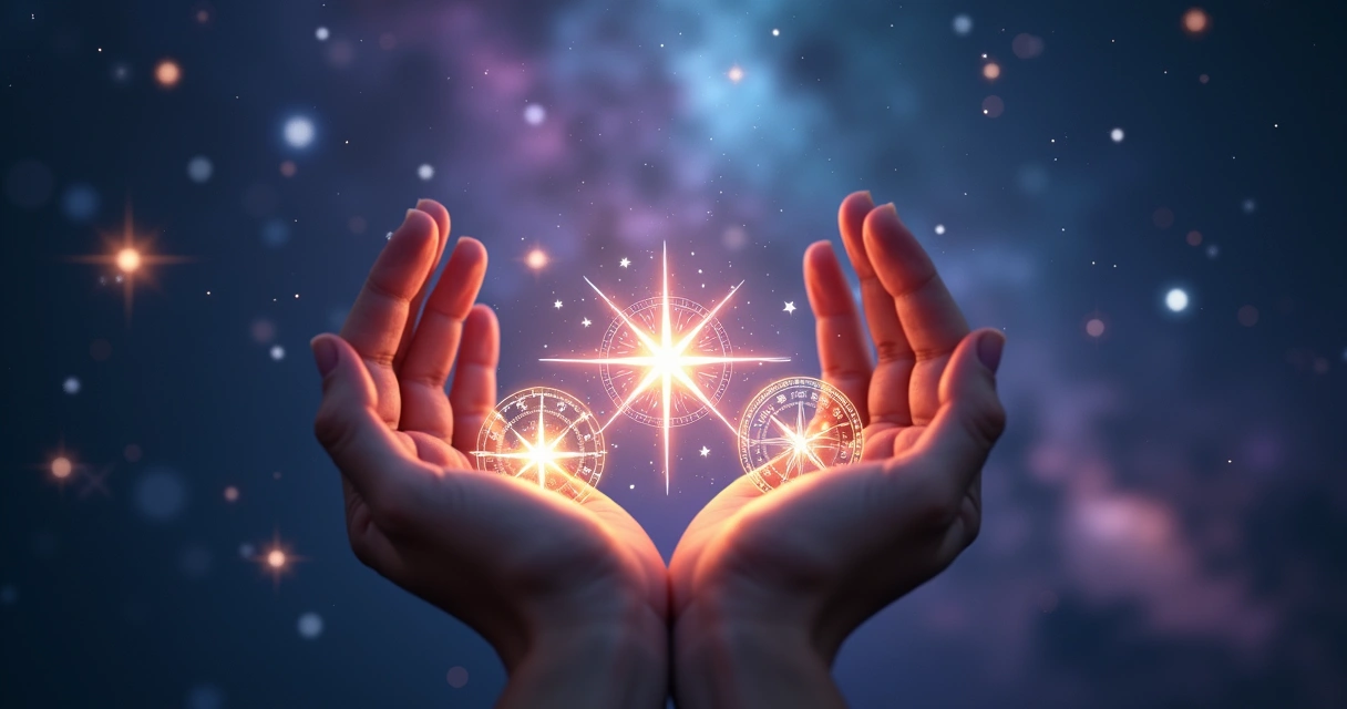 Mãos femininas segurando símbolos de sincronicidade com universo ao fundo estrelado