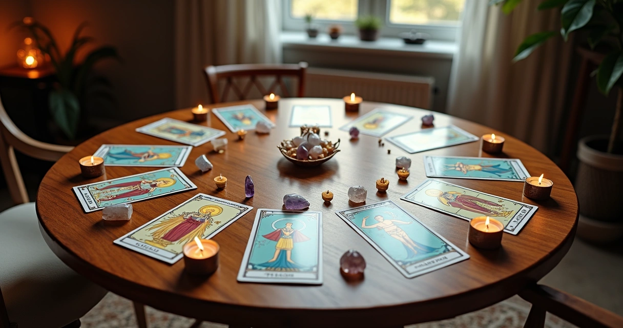 Cartas do Tarot dispostas em círculo sobre uma mesa de madeira com luz suave e elementos místicos ao redor
