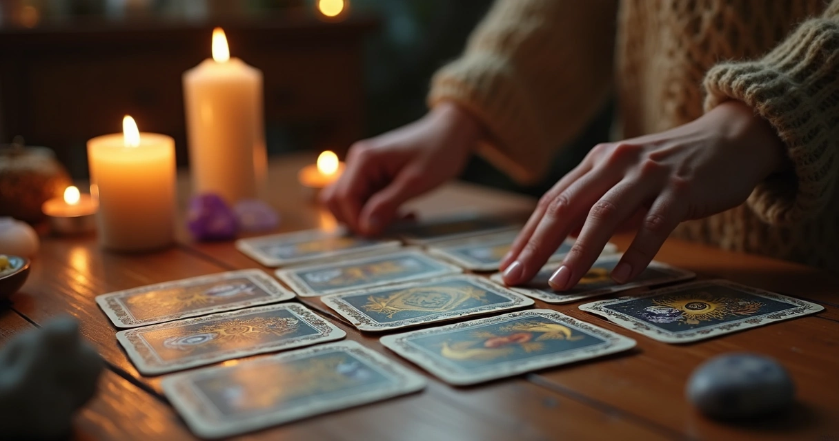 Mesa com cartas de tarot dispostas para leitura mensal diante de uma pessoa em ambiente místico com velas acesas e cristais