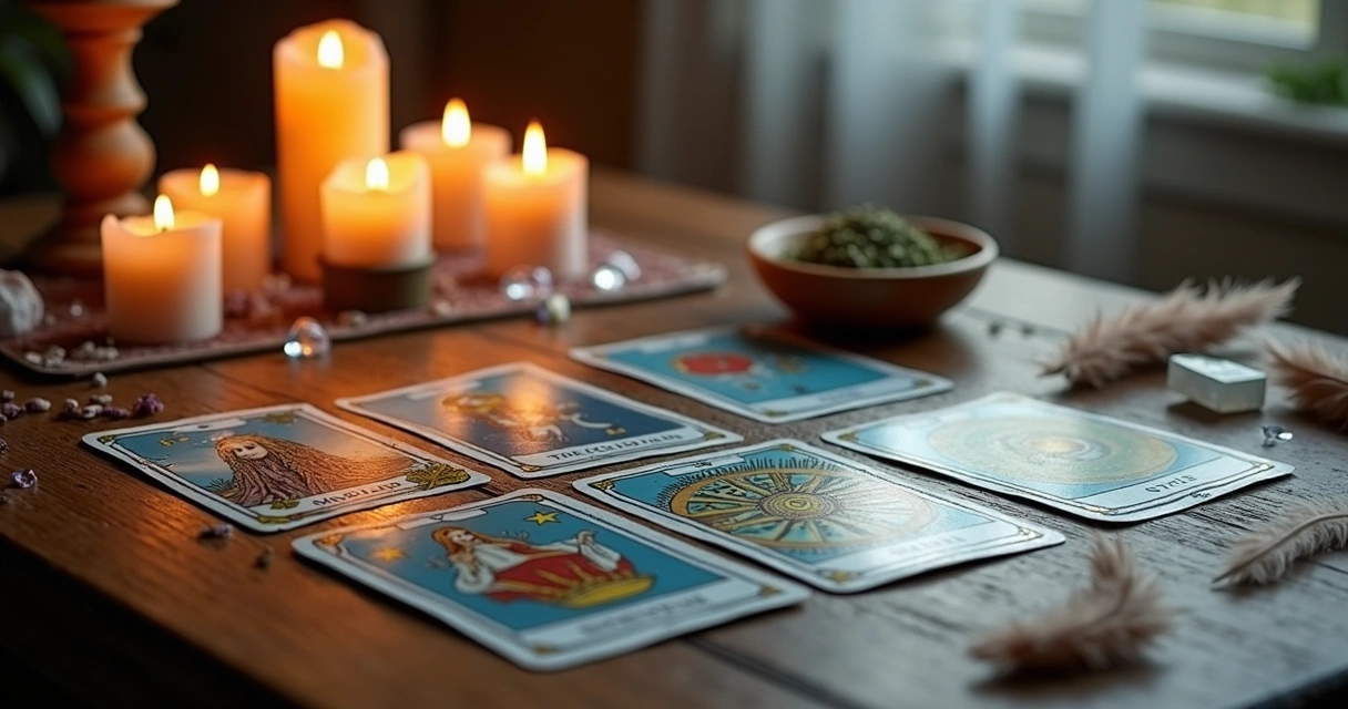 Mesa com cartas de tarot dispostas em forma de tiragem com velas acesas e elementos esotéricos ao redor