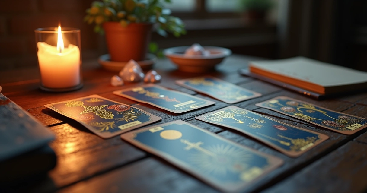 Mesa de madeira com cartas de tarot dispostas em tiragem em cruz, vela acesa ao lado e ambiente suave para concentração