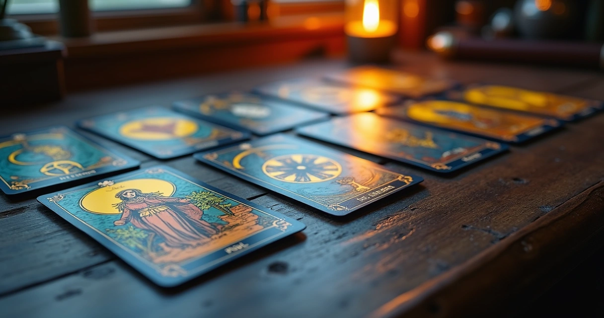 Cartas de tarot dispostas em mesa de madeira com luz suave destacando arcanos maiores
