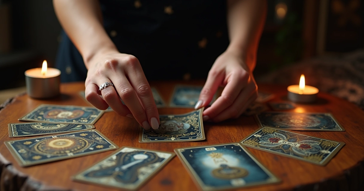 Mesa com cartas de tarot dispostas, vela acesa e mãos femininas escolhendo carta