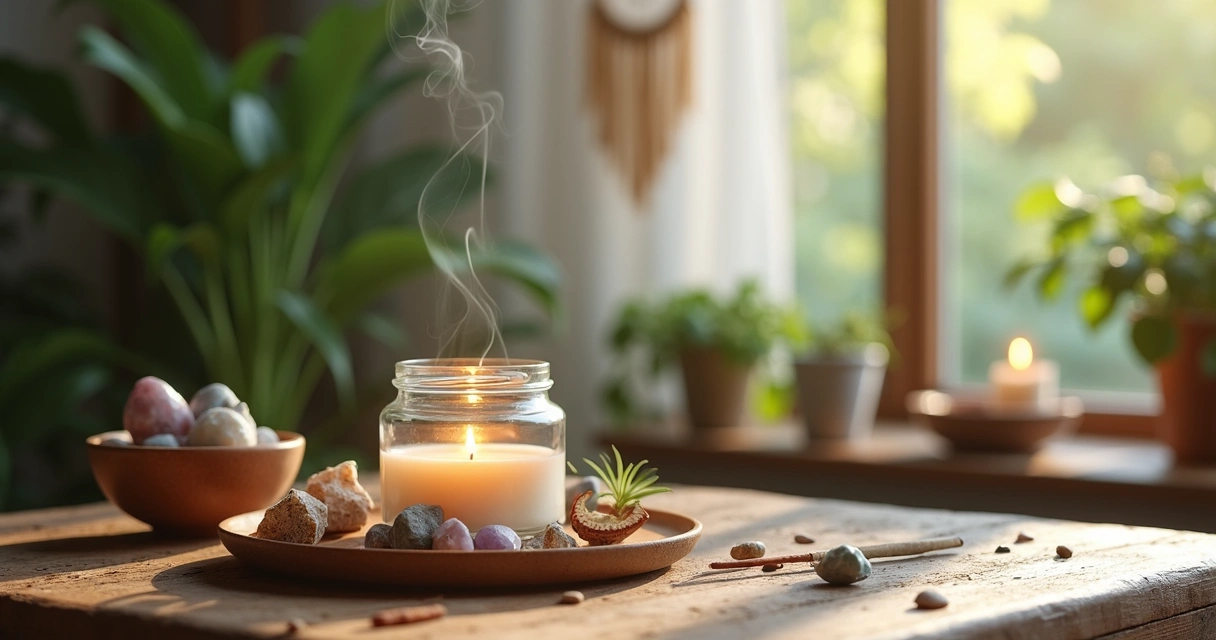 Vela aromática acesa sobre mesa de madeira com cristais, incenso queimando e plantas verdes ao fundo