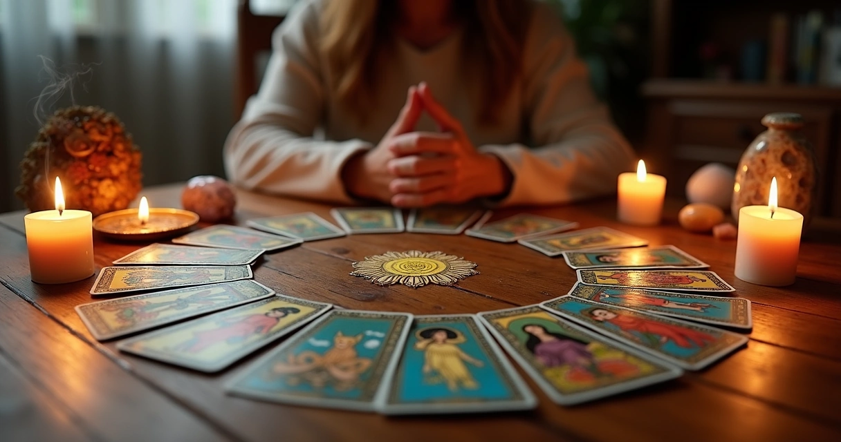 Mesa com cartas de tarot dispostas em círculo com velas acesas ao redor