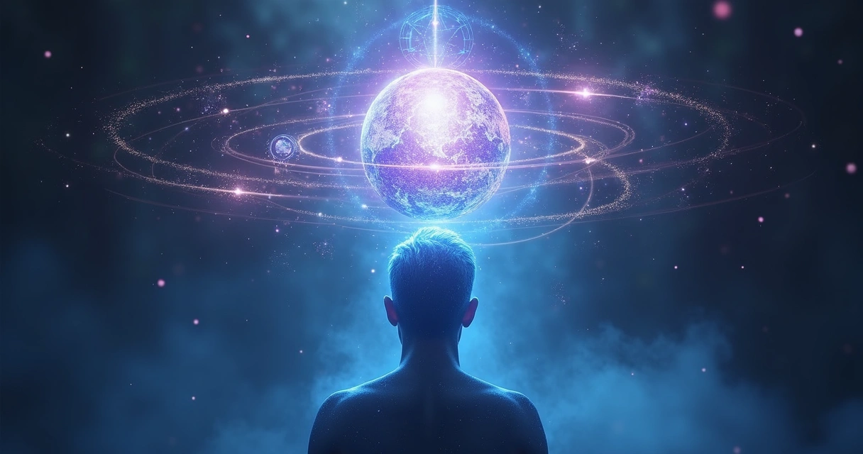 Figura humana com aura luminosa conectada a uma esfera energética vibrante cercada por símbolos esotéricos flutuantes