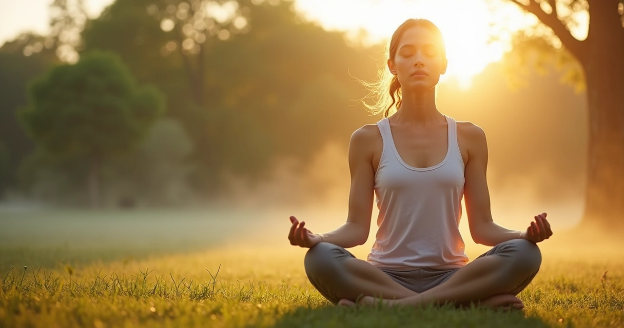 Mulher sentada em posição de meditação praticando técnicas de respiração ao ar livre, com luz suave ao amanhecer e ambiente natural ao fundo