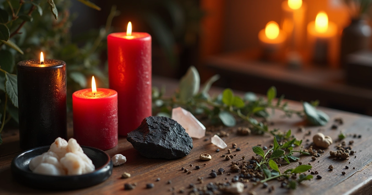 Altar esotérico com objetos conflitantes como vela vermelha e preta, cristais variados, búzios e ervas, dispostos em mesa de madeira com iluminação suave