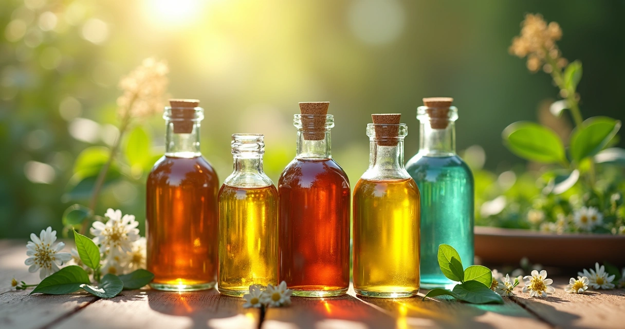Frascos de vidro com misturas de óleos essenciais coloridos em uma mesa de madeira com folhas verdes ao redor