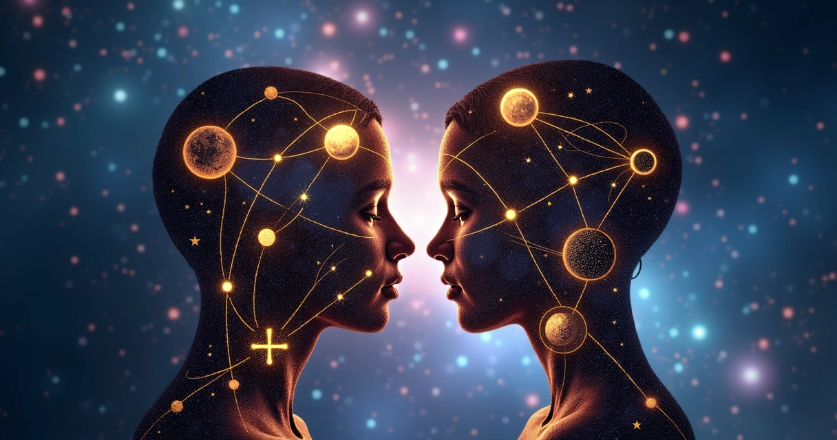 Maquete realista representando astrologia dos relacionamentos com zodíaco, símbolos planetários e silhuetas de casal em fundo estelar