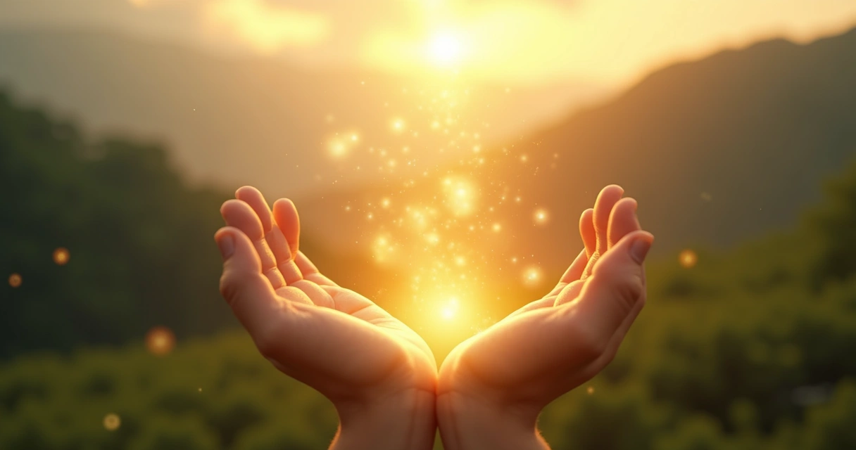 Mãos abertas segurando luz dourada e energia brilhante em ambiente sereno ao amanhecer