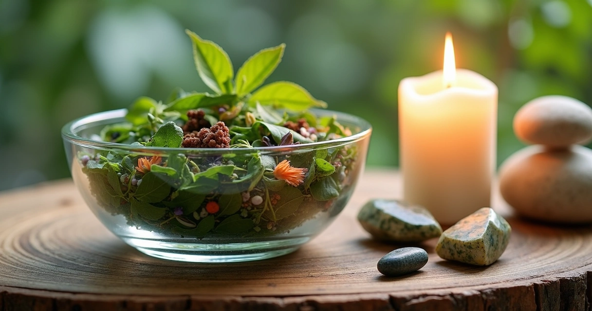 Pote de banho energético com ervas variadas sobre mesa rústica, com vela acesa e cristais ao lado