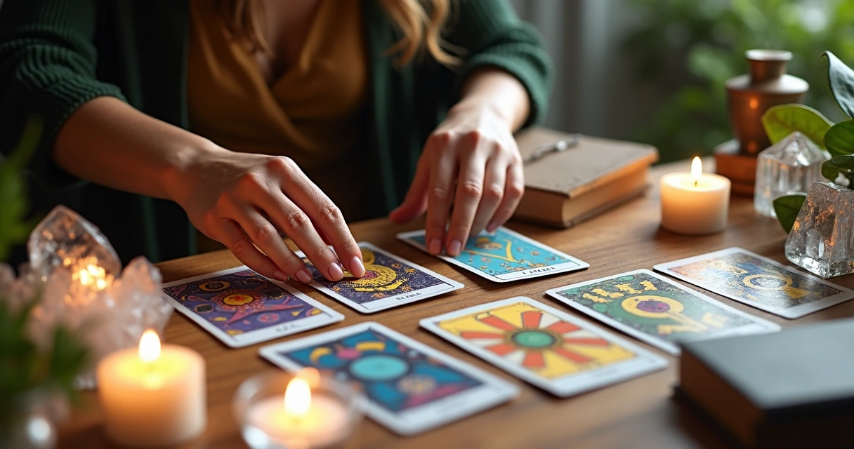 Mãos femininas ordenando cartas do baralho cigano sobre uma mesa com velas e cristais para um ambiente de autoconhecimento espiritual