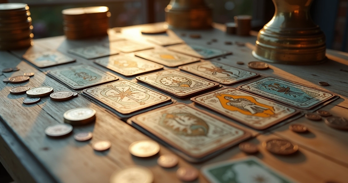 Cartas do baralho cigano dispostas sobre uma mesa de madeira clara, com elementos de dinheiro, moedas e notas ao redor, luz suave iluminando a cena com cores quentes e ambiente espiritual