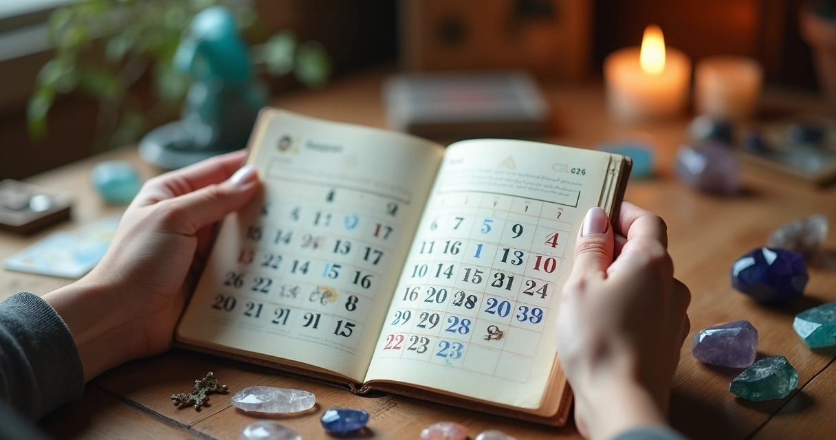 Mãos femininas segurando um calendário aberto com números destacados e pedras de cristais ao redor para indicar numerologia na escolha da data ideal para abrir negócio