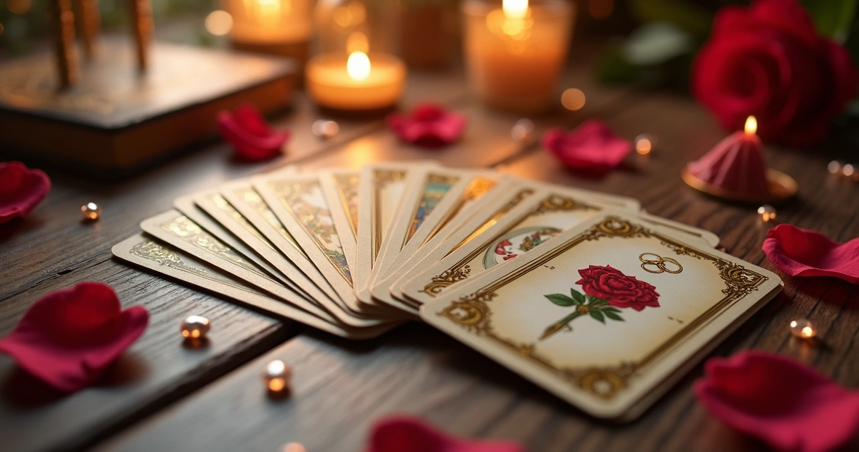 Sete cartas do baralho cigano espalhadas sobre mesa com símbolos de amor e energia mística