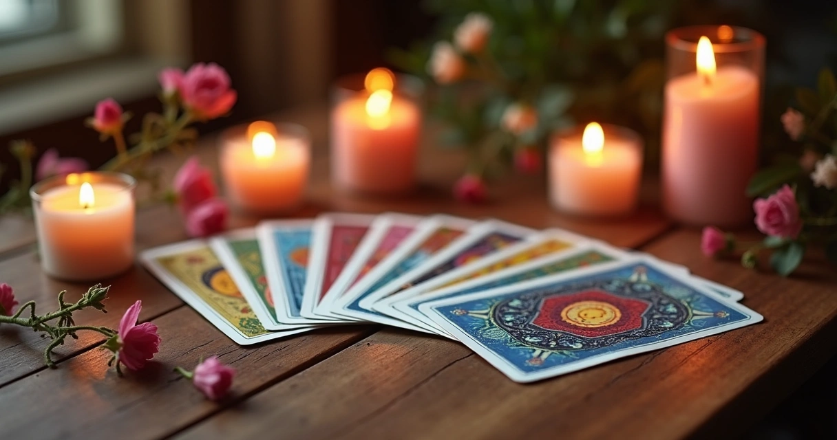 Mesa com cartas do baralho cigano espalhadas em ambiente acolhedor com velas acesas e flores ao redor