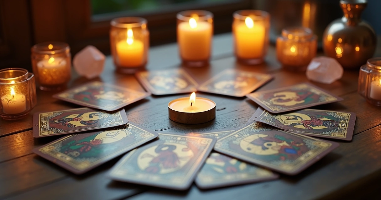 Baralho cigano com cartas dispostas em formato circular sobre mesa de madeira escura, ao redor velas acesas e cristais energéticos