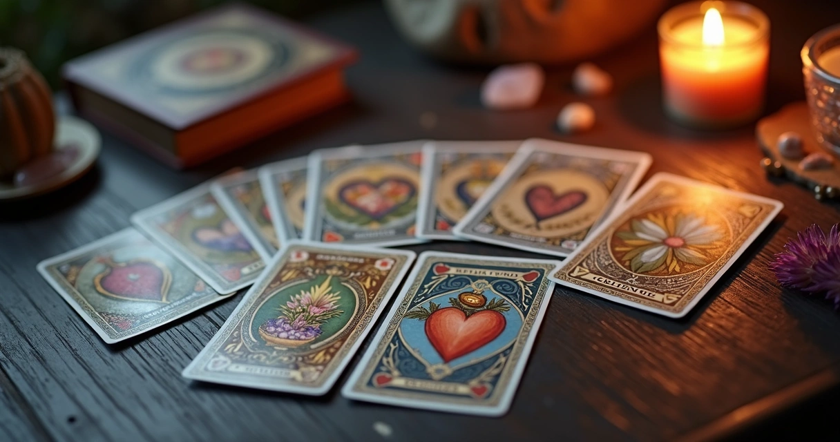 Sete cartas do baralho cigano dispostas sobre uma mesa de madeira escura, com destaque para as cartas Anel, Coração e Buquê