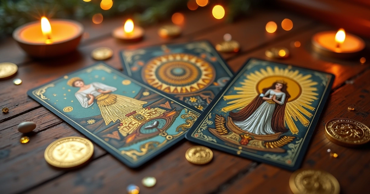 Cartas de tarot sobre mesa de madeira com símbolos de ouro e cristais, destacando a Imperatriz, Roda da Fortuna e naipe de Ouros