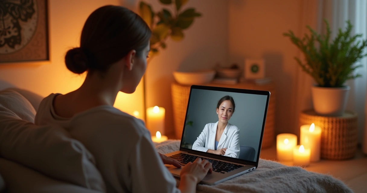 Pessoa recebendo reiki online em ambiente calmo com computador aberto e luz suave