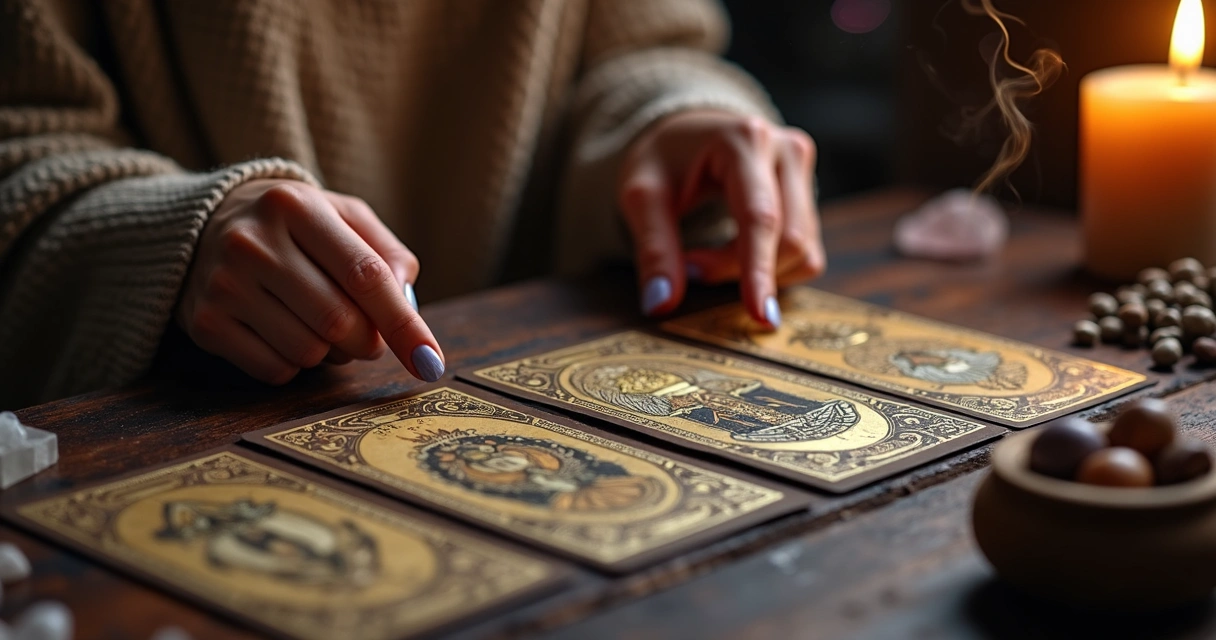 Mesa de madeira com cartas de tarot espalhadas, mãos femininas apontando para cartas específicas, vela acesa ao lado e fundo difuso com elementos esotéricos