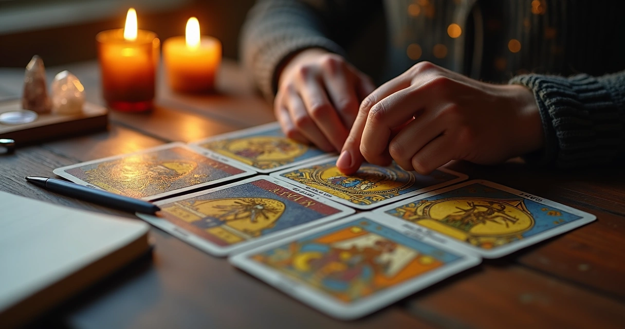 Tarot aberto com cartas orientando futuro profissional em mesa de madeira iluminada