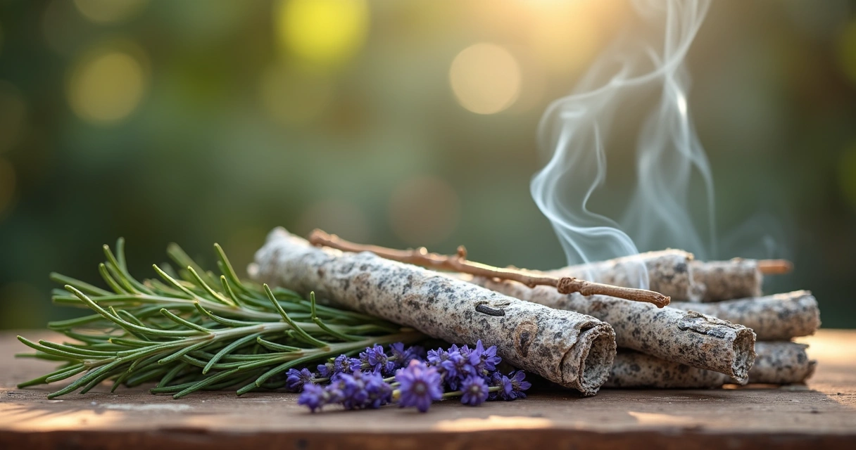 Varetas de defumação acesas cercadas por plantas secas como sálvia, alecrim e lavanda sobre superfície de madeira clara