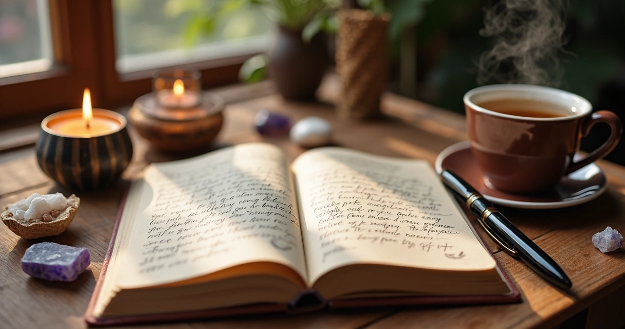 Diário aberto com escrita manuscrita e caneta sobre mesa de madeira clara com luz natural