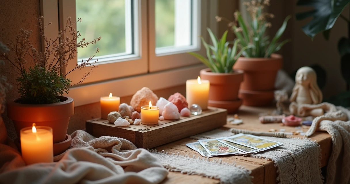 Espaço sagrado feminino organizado com elementos naturais, velas acesas e objetos espirituais sobre um altar decorado