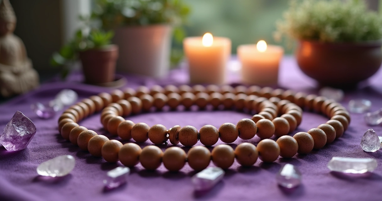 Japamala de contas de madeira sobre superfície de tecido roxo com cristais ao redor, em ambiente sereno para meditação e proteção