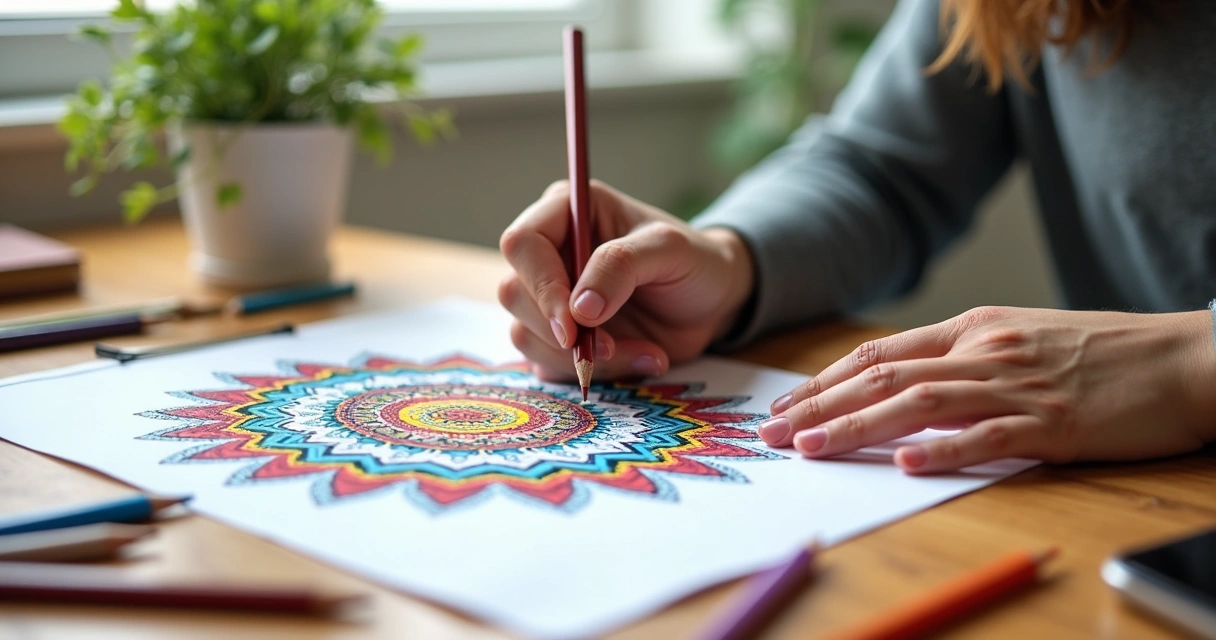 Mãos desenhando mandala colorida com lápis de cor em papel branco para meditação