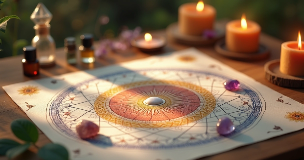 Mesa radiônica com cristais coloridos, gráficos energéticos desenhados e essências em frascos, ambiente místico iluminado