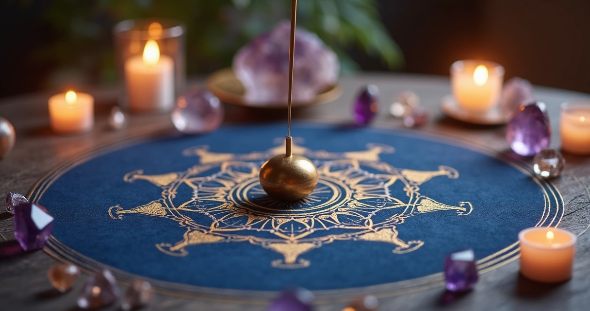 Mesa radiônica montada com pêndulo, cristais variados e símbolos de geometria sagrada sobre um tecido azul escuro