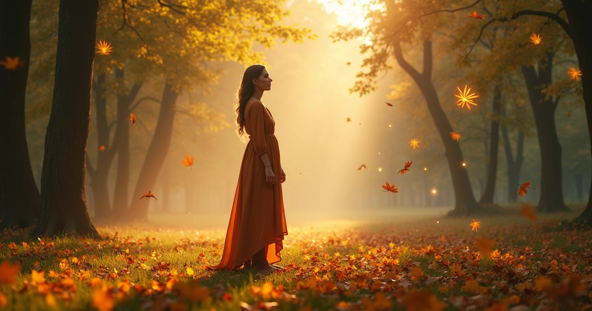 Mulher contemplando sinais sutis na natureza ao redor, com árvores e céu ao fundo