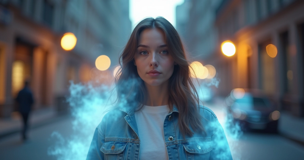 Mulher em pé com luz protetora ao redor em ambiente urbano