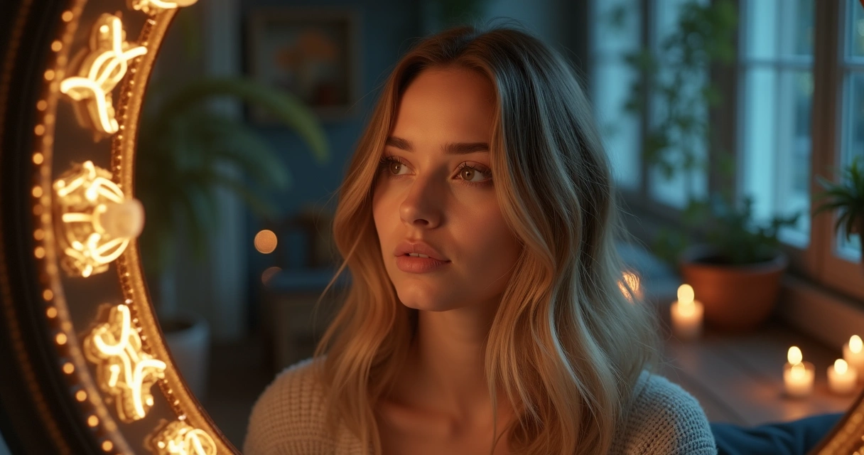 Mulher olhando seu reflexo em um espelho com símbolos astrológicos ao redor