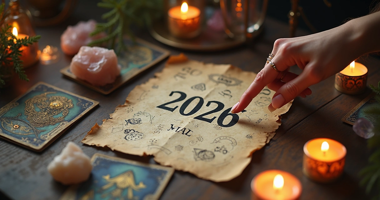 Cartas de tarot, números místicos em papel envelhecido e uma mão feminina apontando para o número 2026, em uma mesa de madeira com cristais e velas acesas ao fundo