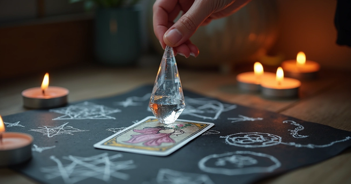 Pêndulo em cristal transparente sendo segurado sobre mesa com símbolos esotéricos e velas acesas ao fundo
