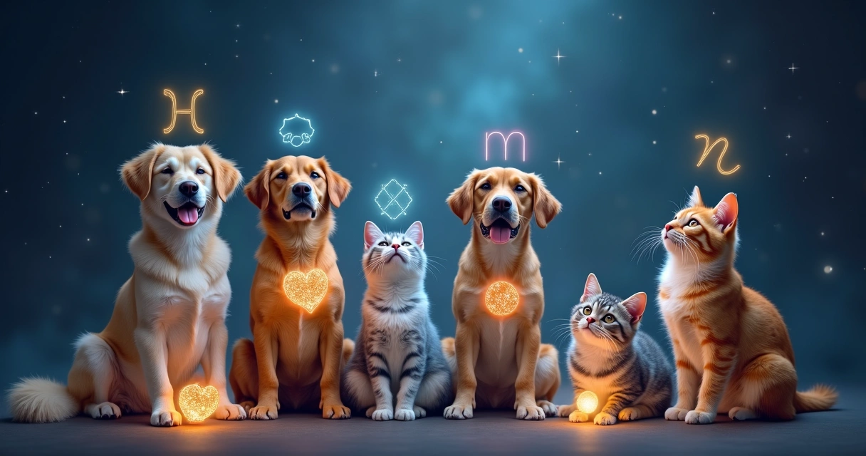 Gatos e cães com símbolos dos signos do zodíaco flutuando ao redor em cenário místico