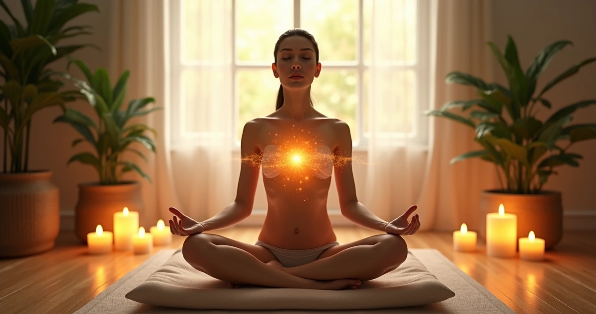 Pessoa praticando Reiki em ambiente calmo com velas e plantas, luz suave e atmosfera relaxante