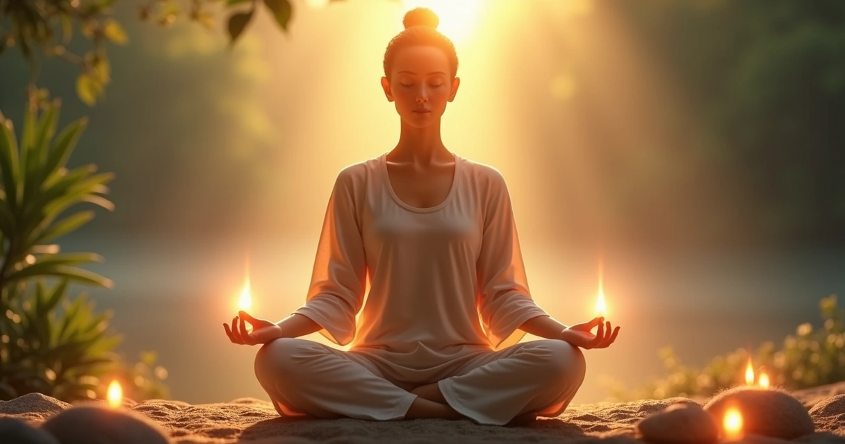 Pessoa meditando com as mãos unidas em Gassho, luz suave e energia flutuando ao redor
