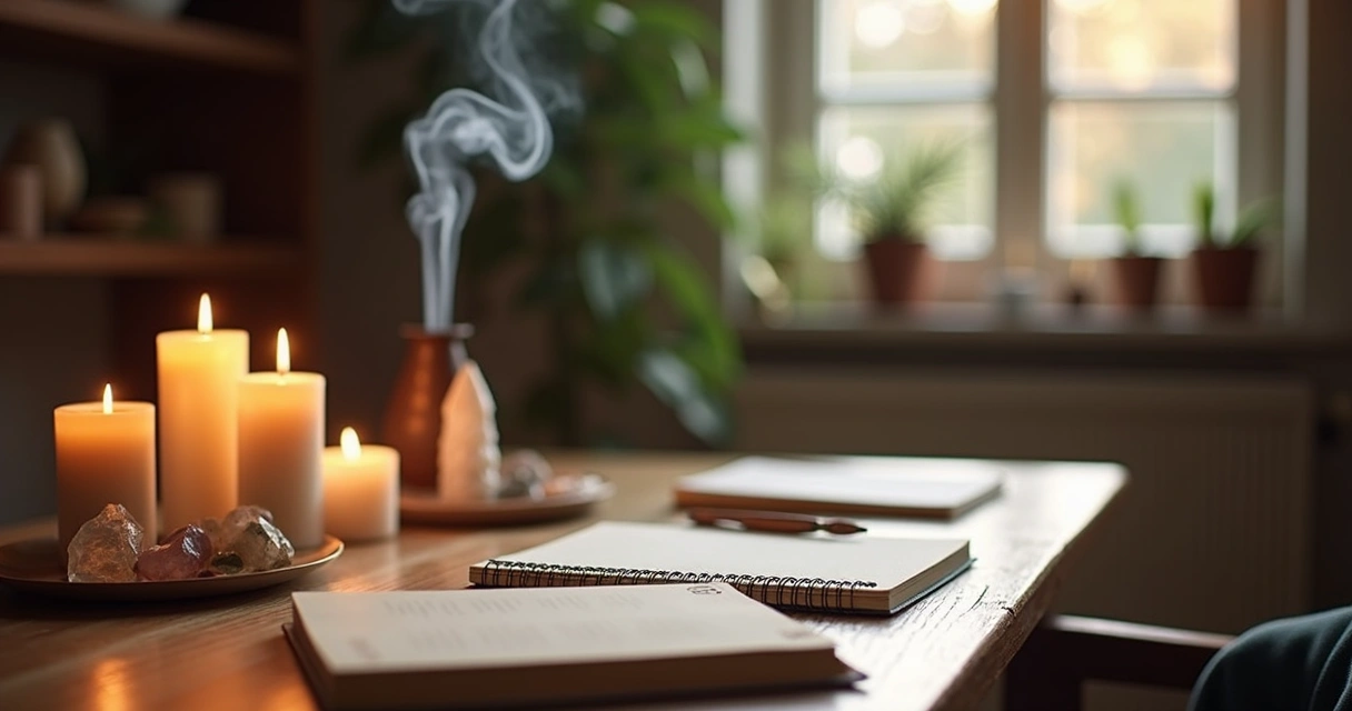 Mesa com velas acesas, cristais e incenso aceso em ambiente tranquilo e iluminado por luz natural